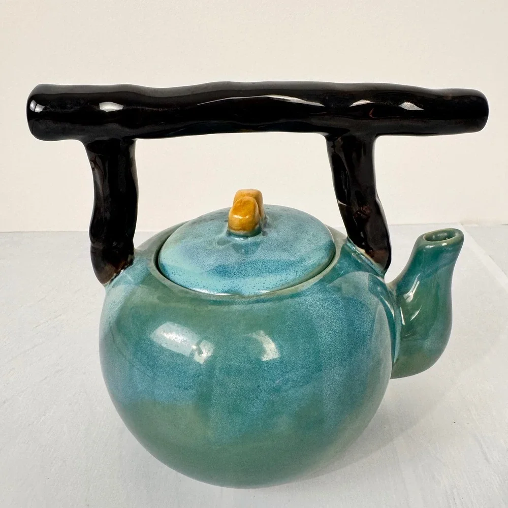 Ceramic Teapot Teal Branch Handle Mid Century Modern Rustic Decor